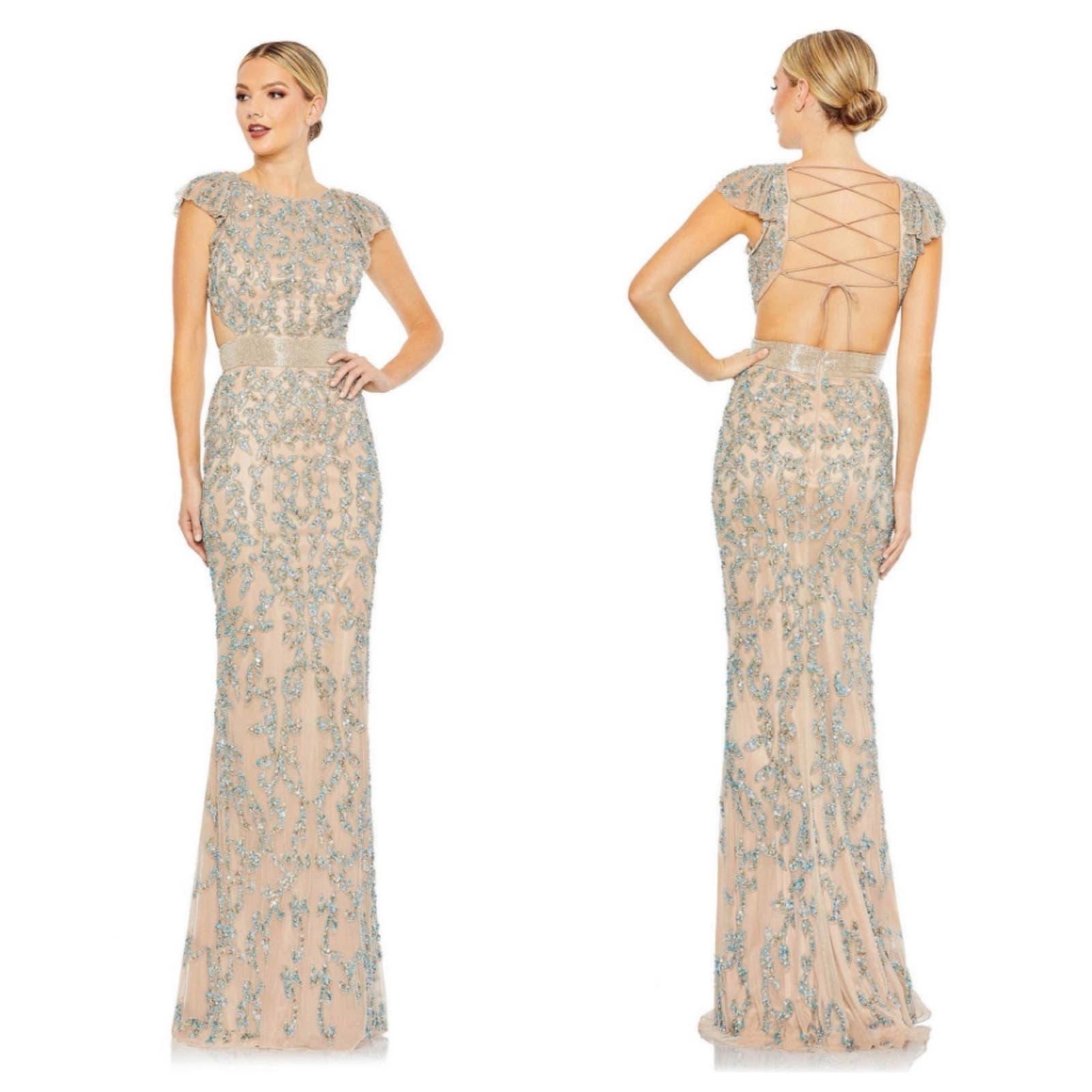 Mac Duggal Embellished Cut Out Lace Up Cap Sleeve Gown Nude Multi Size 2 Nwt
